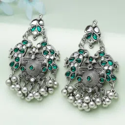 Moedbuille Silver-Plated Crystals Studded & Beaded Peacock Shaped Drop Earrings-picture-39