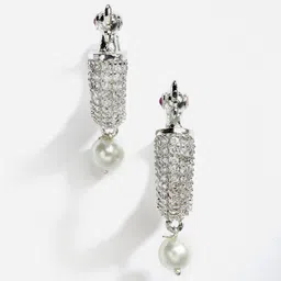 DressBerry Silver-Toned & White Silver-Plated Peacock Shaped Drop Earrings image 1
