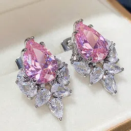 Jewels Galaxy Brass Cubic Zirconia Silver-Plated Teardrop Shaped Studs Earrings-picture-32