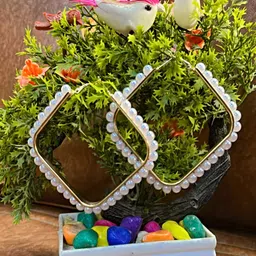 Proplady Gold-Plated Diamond Shaped Embellished Oversized Pearls Hoop Earrings image 1