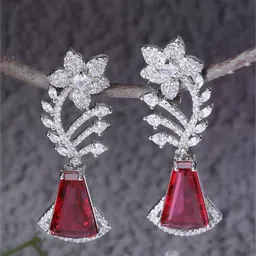 ZENEME Rhodium Plated Floral American Diamond Studded Drop Earrings-picture-25