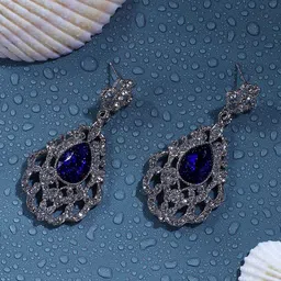 DressBerry Silver-Toned & Blue Silver-Plated Stones Studded Contemporary Drop Earrings-picture-17