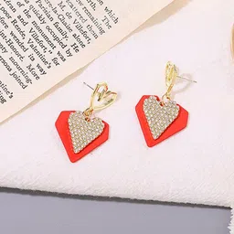 DESTINY JEWELS Gold-Plated Cubic Zirconia Stones Studded Heart Shaped Drop Earrings-image-7
