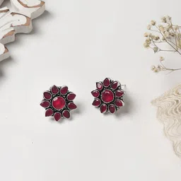 TEEJH Silver-Toned & Pink Floral Studs Earrings-picture-24