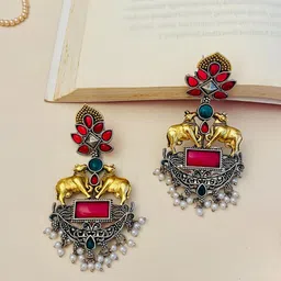 ABDESIGNS Silver Plated Stones Studded Dual Tone Drop Earrings-picture-51