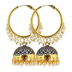 FEMMIBELLA Gold-Plated Pearls Studded Navy Blue Enamelled Classic Jhumkas Earrings image 2