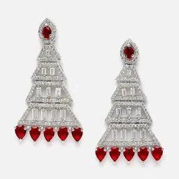 ZENEME Rhodium-Plated American Diamond Studded Triangular Shaped Drop Earrings image 2