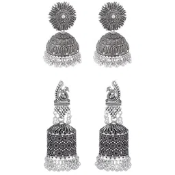 PRIVIU Set Of 2 Floral Oxidised Jhumkas Earrings image 3
