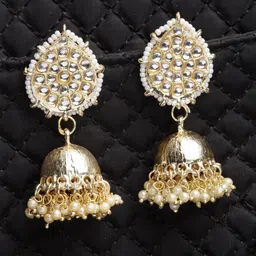 Shining Diva Gold-Plated Stone Studded & Beaded Dome Shaped Jhumkas image 4