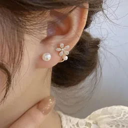 PolluxCraft Korean Gold-Plated Zircon Studded And Pearls Beaded Floral Shaped Studs image 4