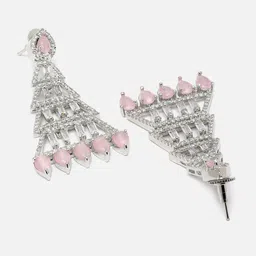 ZENEME Rhodium-Plated American Diamond Studded Triangular Shaped Drop Earrings image 3