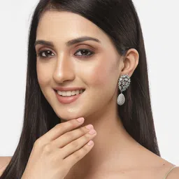 ZENEME Rhodium-Plated American Diamond Studded Teardrop Shaped Drop Earrings image 4