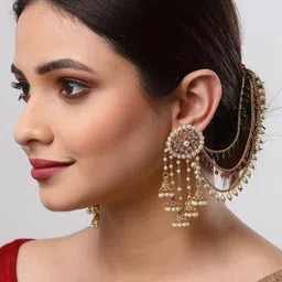 ZENEME Set of 2 Gold-Plated Multicoloured Stone-Studded Floral Ear Chain image 4