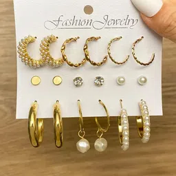 PolluxCraft Set Of 9 Korean Gold-Plated Pearls Studded Circular Studs image 5