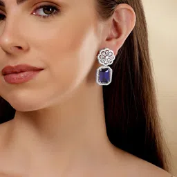 Rubans Rhodium-Plated CZ Studded Geometric Drop Earrings image 1