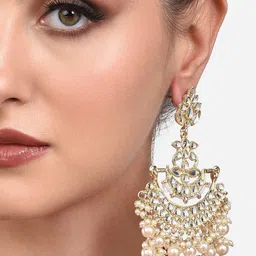 Zaveri Pearls Gold-Plated Crescent Shaped Kundan & Pearls Studded Chandbalis Earrings image 3