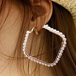 Proplady Gold-Plated Diamond Shaped Embellished Oversized Pearls Hoop Earrings image 4