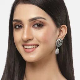 ZENEME Rhodium-Plated American Diamond Studded Teardrop Shaped Drop Earrings image 5