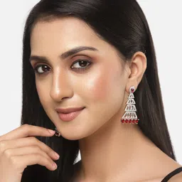 ZENEME Rhodium-Plated American Diamond Studded Triangular Shaped Drop Earrings image 5