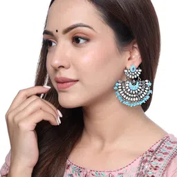 Yellow Chimes Women Blue Pearl and Stone Studded Chandbalis Earrings image 3