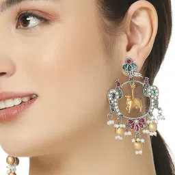 OOMPH Peacock Shaped Kundan Oxidised Chandbalis image 5