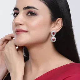 ZENEME Rhodium-Plated American Diamond Studded Teardrop Shaped Drop Earrings image 5