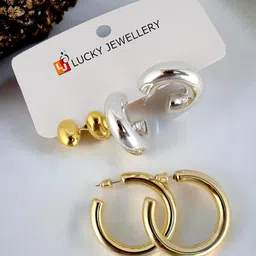 LUCKY JEWELLERY Set of 3 Gold Plated Studs & Half Hoop Earrings image 2