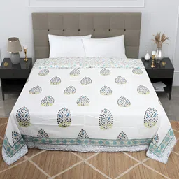 Bohekant White & Blue Floral Printed Cotton Double Bed Dohar-image-94