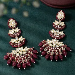 Peora Women Gold-Plated Kundan Studded & Beaded Contemporary Drop Earrings image 2