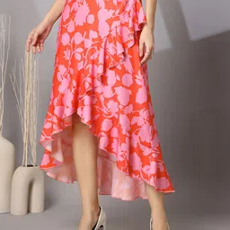 wordope Women Floral Print Asymetric Red, Pink Skirt image 3