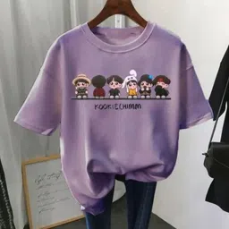 houseofcommon Women Cartoon Round Neck Pure Cotton Purple T-Shirt-picture-38