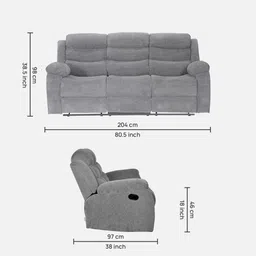 casacraft from pepperfry Santos Fabric 3 Seater Manual Recliner With Drop-Down Center Table & Cup Holders In Grey Color image 2