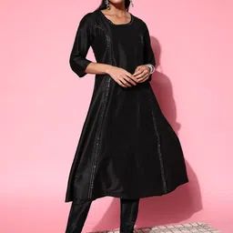 Shae by SASSAFRAS Women Black Solid Mirror Work A-Line Kurta-image-4