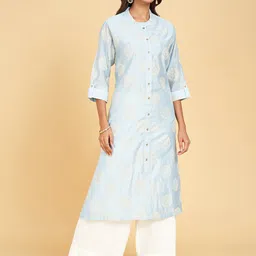 RANGMANCH BY PANTALOONS Ethnic Motifs Printed Band Collar Chanderi Silk Straight Kurta-picture-31