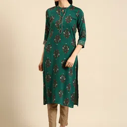 all about you Green Floral Printed Keyhole Neck Gotta Patti Cotton Straight Kurta-picture-26