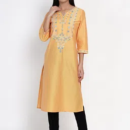 IX IMPRESSION Women Yellow Embroidered Thread Work Floral Kurta-picture-3
