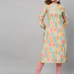 FASHOR Women Yellow & Blue Ethnic Motifs Yoke Design Kurta-picture-24