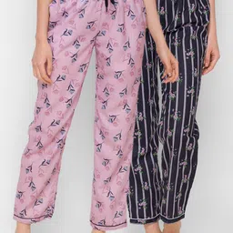 FashionRack Women Pink & Black Set Of 2 Printed Cotton Lounge Pants-picture-22