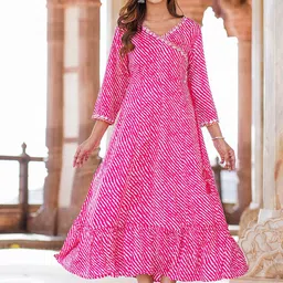 KALINI Striped V-Neck Mirror Work Midi Ethnic Dress-image-60