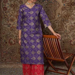 Shae by SASSAFRAS Floral Printed Zari Jacquard Straight Kurta-picture-9