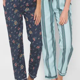 FashionRack Women Pack of 2 Navy Blue & Green Printed Lounge Pants-image-85