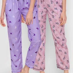 FashionRack Women Pack Of 2 Purple & Pink Printed Cotton Lounge Pants-picture-24
