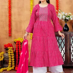 Sangria Girls Red Bandhani Printed Tiered Sequinned Pure Cotton A-Line Kurta-image-67