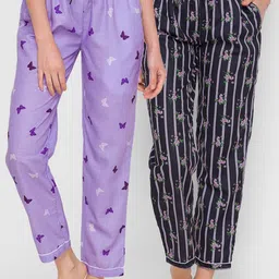 FashionRack Women Pack Of 2 Purple & Black Striped Cotton Lounge Pants-image-72