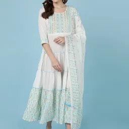 JAIPUR PRIME Women Blue Keyhole Neck Flared Sleeves White Romance Anarkali Kurta-image-52