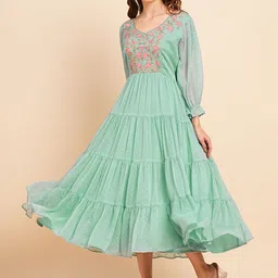 RATAN Self Design Puff Sleeves Embroidered Tiered Chiffon Midi Fit & Flare Dress-picture-30