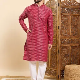 Anouk Red Chevron Self Design Mandarin Collar Regular Straight Cotton Kurta-picture-33