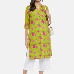 RANGMANCH BY PANTALOONS Women Lime Green Floral Embroidered Thread Work Kurta-picture-17