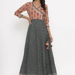 PARCHHAI Women Green & Peach-Coloured Ethnic Motifs Printed Anarkali Kurta-image-21