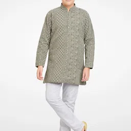 Jeetethnics Boys Grey Ethnic Motifs Embroidered Kurti With Pyjamas-picture-25